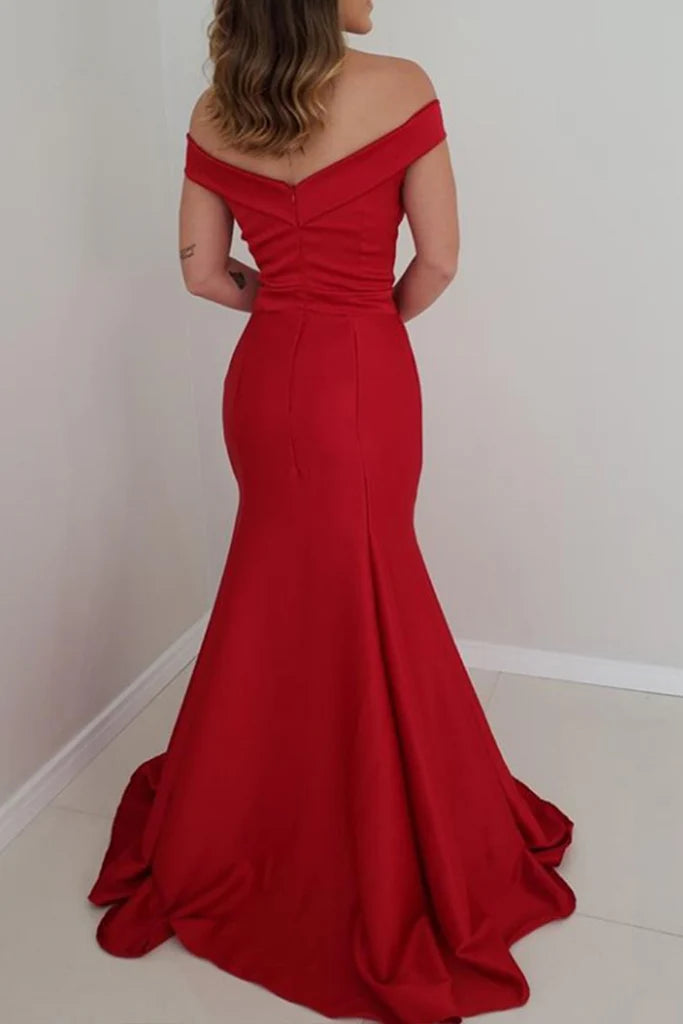 Meerjungfrau-Abendkleid aus Satin mit schulterfreiem Abschlussballkleid